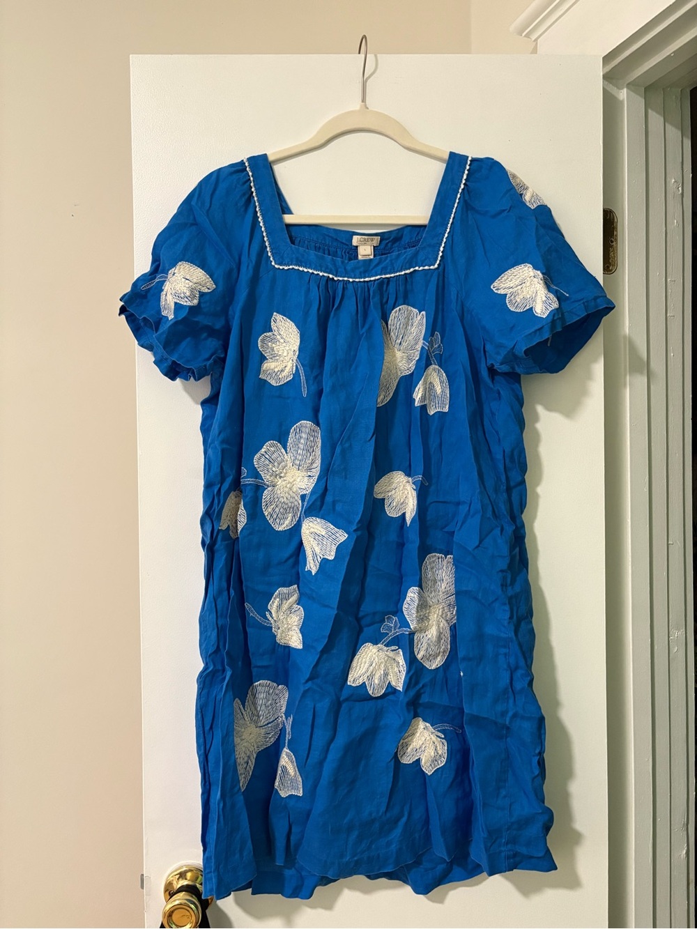 J. Crew Royal Blue Mini Dress with Cream Floral Embroidery